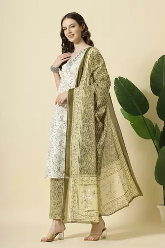 green pure cotton paisley,thread work kurta dupatta pant set