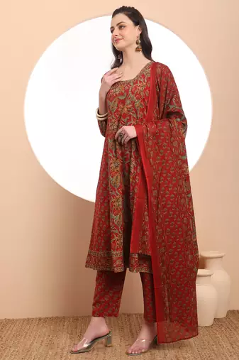  red floral print thread work a-line kurta trouser dupatta set
