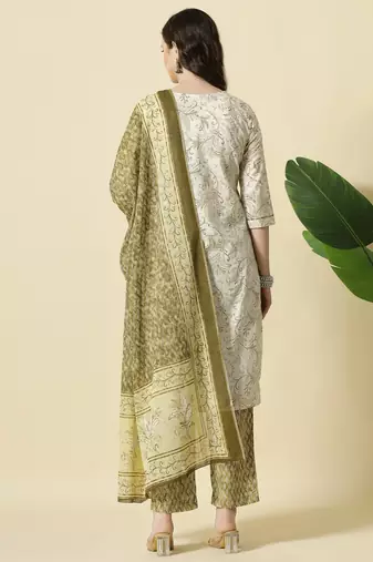 green pure cotton paisley,thread work kurta dupatta pant set