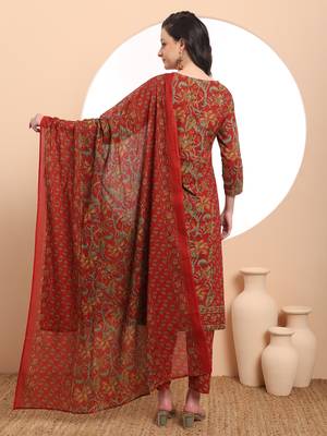  red floral print thread work a-line kurta trouser dupatta set 3