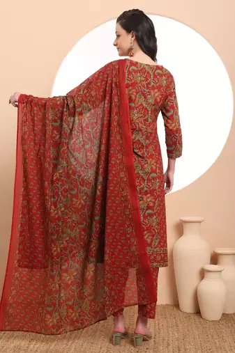  red floral print thread work a-line kurta trouser dupatta set
