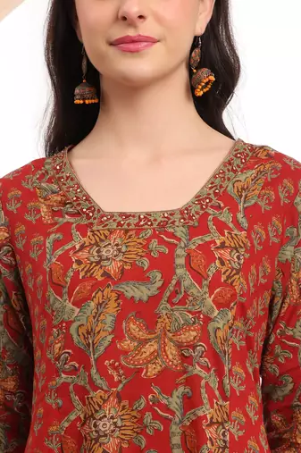  red floral print thread work a-line kurta trouser dupatta set