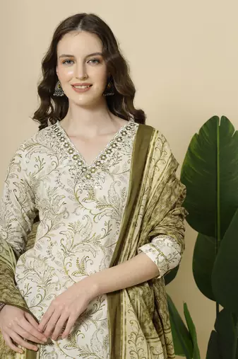 green pure cotton paisley,thread work kurta dupatta pant set