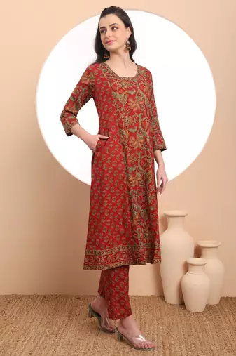  red floral print thread work a-line kurta trouser dupatta set
