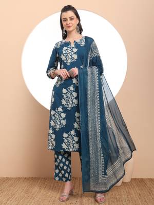  teal blue cotton block print straight kurta set 1