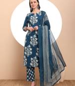  teal blue cotton block print straight kurta set