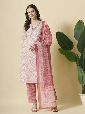 pink pure cotton paisley,thread work kurta dupatta pant set 1