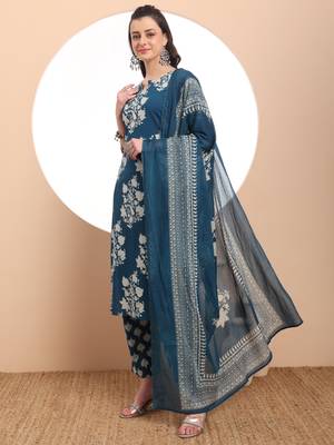  teal blue cotton block print straight kurta set 2