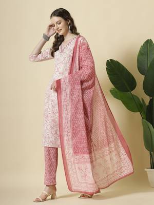 pink pure cotton paisley,thread work kurta dupatta pant set 2