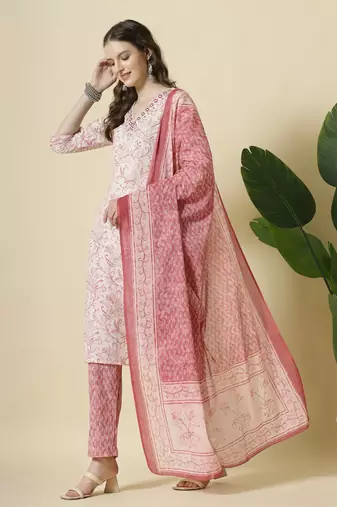 pink pure cotton paisley,thread work kurta dupatta pant set