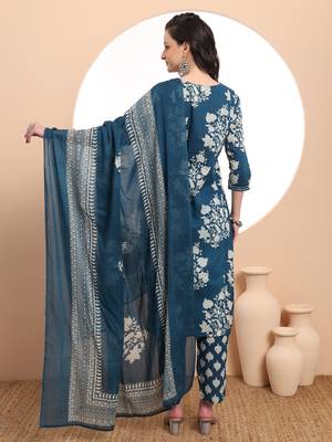  teal blue cotton block print straight kurta set 3