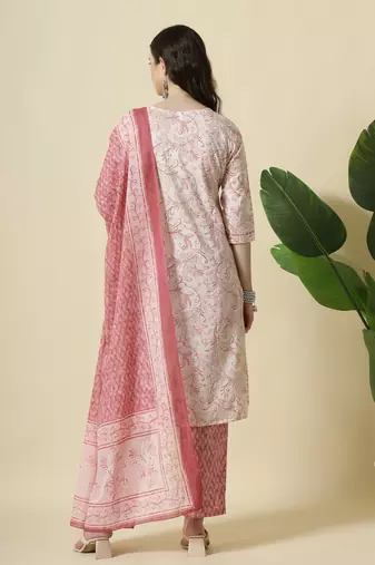pink pure cotton paisley,thread work kurta dupatta pant set