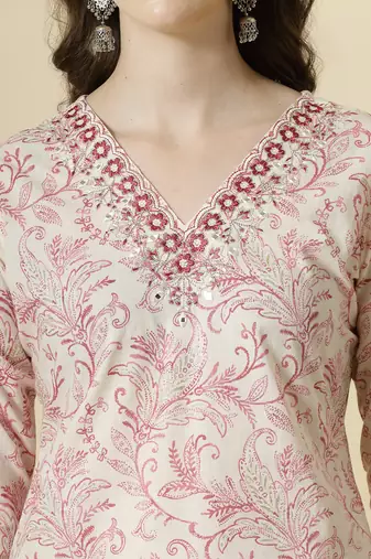 pink pure cotton paisley,thread work kurta dupatta pant set