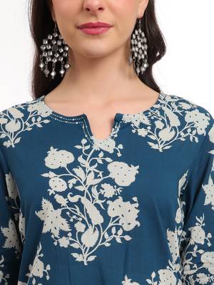  teal blue cotton block print straight kurta set 4
