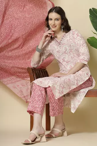 pink pure cotton paisley,thread work kurta dupatta pant set