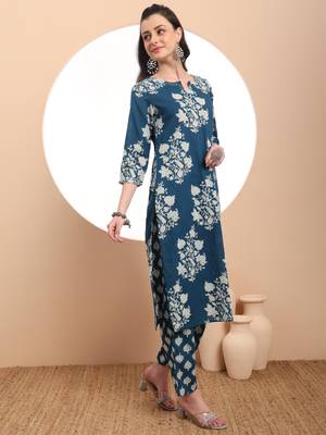  teal blue cotton block print straight kurta set 5