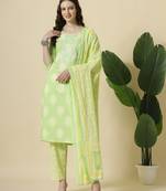green pure cotton floral print,thread work kurta dupatta pant set