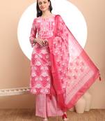  pink pure cotton straight kurta set with palazzo and dupatta