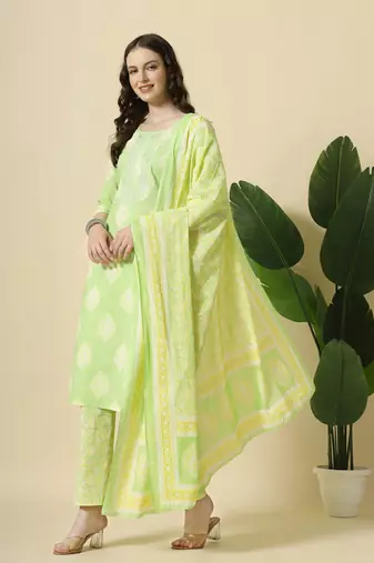 green pure cotton floral print,thread work kurta dupatta pant set