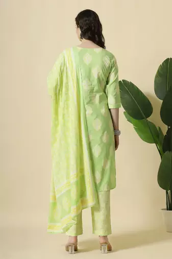 green pure cotton floral print,thread work kurta dupatta pant set