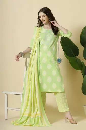 green pure cotton floral print,thread work kurta dupatta pant set
