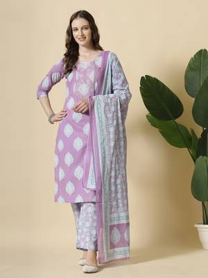 lavender pure cotton floral print,thread work kurta dupatta pant set 1