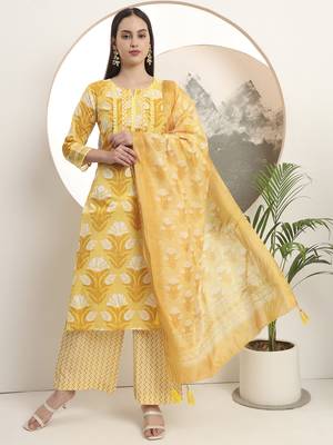  yellow pure cotton straight kurta set with palazzo and dupatta 1