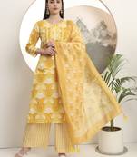  yellow pure cotton straight kurta set with palazzo and dupatta