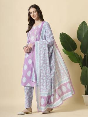 lavender pure cotton floral print,thread work kurta dupatta pant set 2