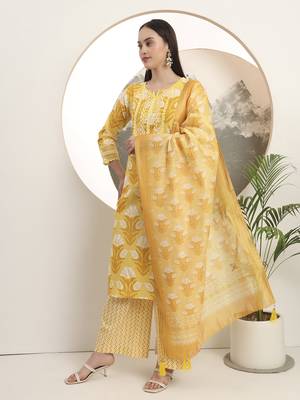  yellow pure cotton straight kurta set with palazzo and dupatta 2