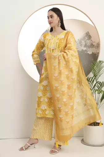  yellow pure cotton straight kurta set with palazzo and dupatta
