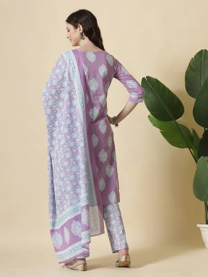lavender pure cotton floral print,thread work kurta dupatta pant set 3