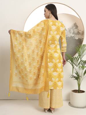  yellow pure cotton straight kurta set with palazzo and dupatta 3