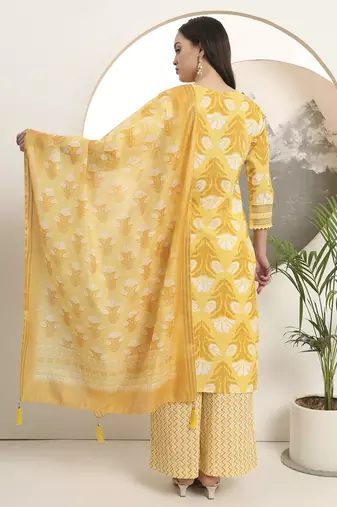  yellow pure cotton straight kurta set with palazzo and dupatta