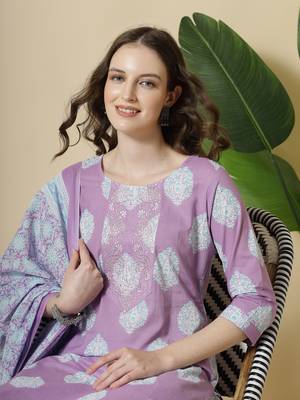 lavender pure cotton floral print,thread work kurta dupatta pant set 4