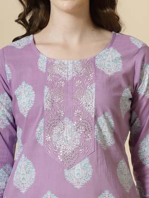 lavender pure cotton floral print,thread work kurta dupatta pant set 5
