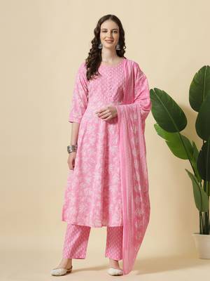 pink pure cotton anarkali piping kurta dupatta pant set 1