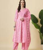pink pure cotton anarkali piping kurta dupatta pant set