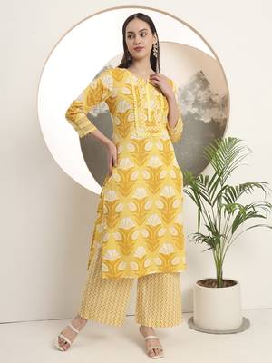  yellow pure cotton straight kurta set with palazzo and dupatta 5
