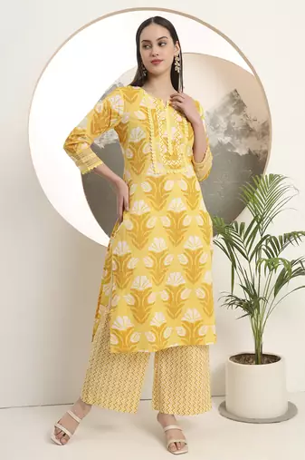  yellow pure cotton straight kurta set with palazzo and dupatta