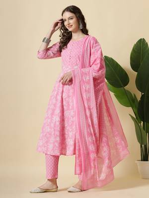 pink pure cotton anarkali piping kurta dupatta pant set 2
