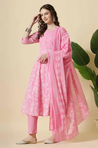 pink pure cotton anarkali piping kurta dupatta pant set