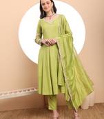  green silk dori embroidery anarkali kurta dupatta pant set