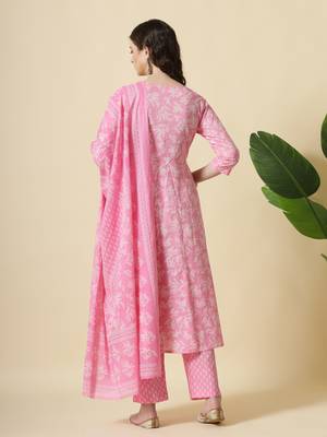 pink pure cotton anarkali piping kurta dupatta pant set 3