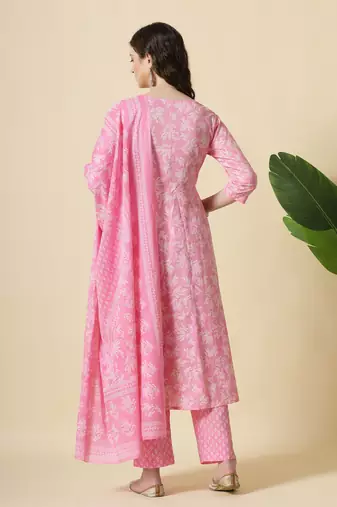 pink pure cotton anarkali piping kurta dupatta pant set
