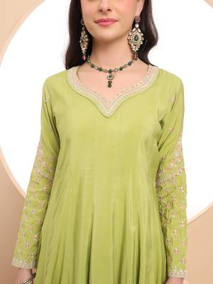  green silk dori embroidery anarkali kurta dupatta pant set 4