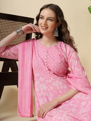 pink pure cotton anarkali piping kurta dupatta pant set 5
