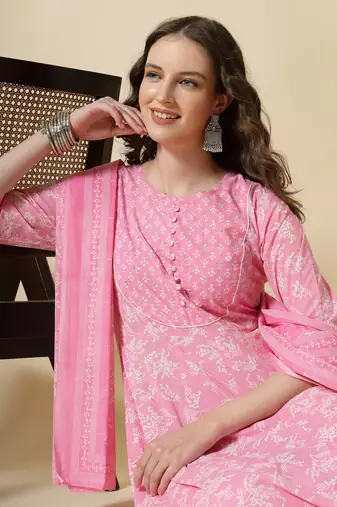 pink pure cotton anarkali piping kurta dupatta pant set