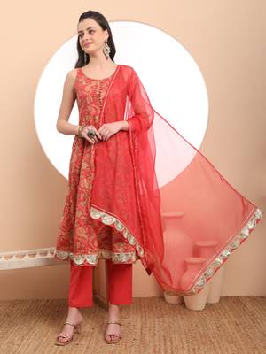  red cotton sleeveless anarkali kurta dupatta set 1