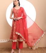 red cotton sleeveless anarkali kurta dupatta set